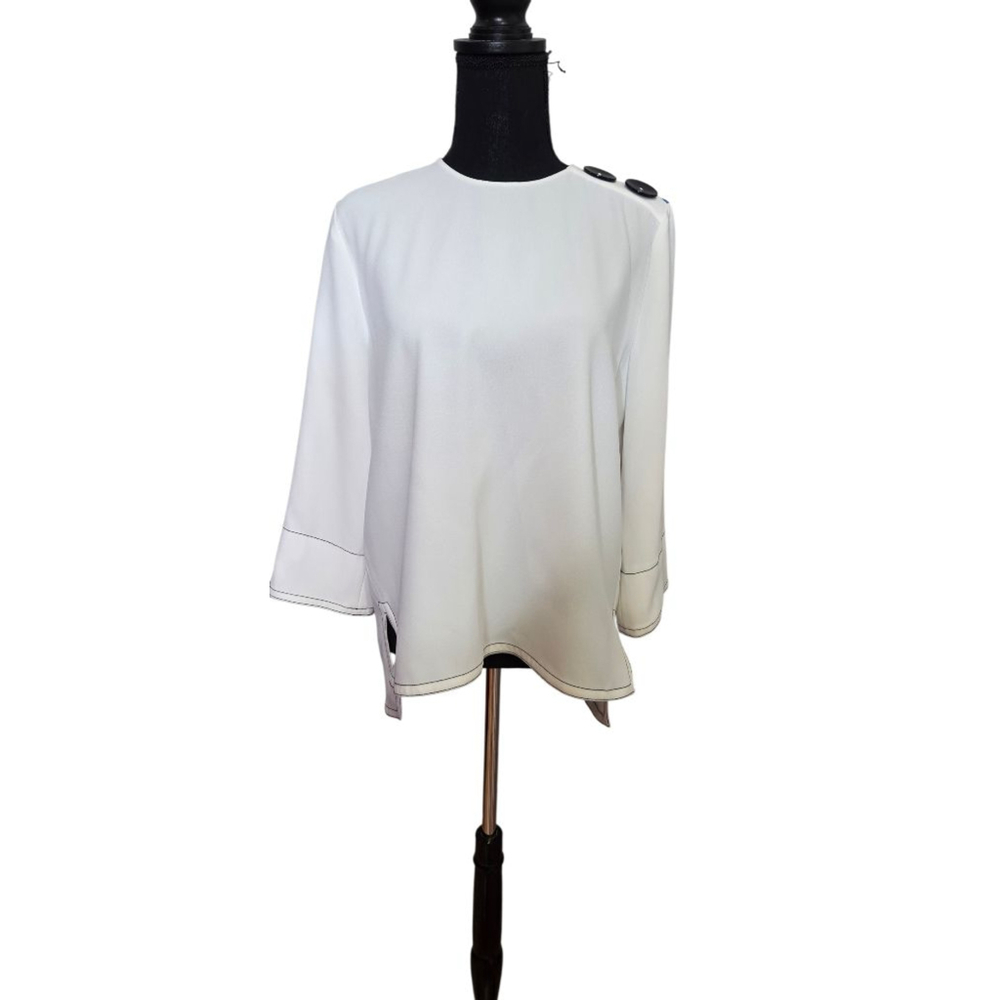 ZARA WOMAN White Blouse with Black Stitching M